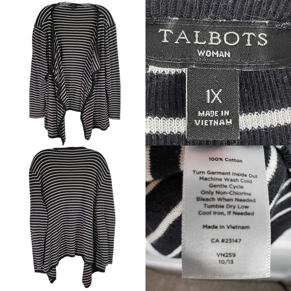 Talbots Cardigan Ruffle Knit Jersey Open Front Plus Size 1X Black White Stripe - Picture 1 of 6